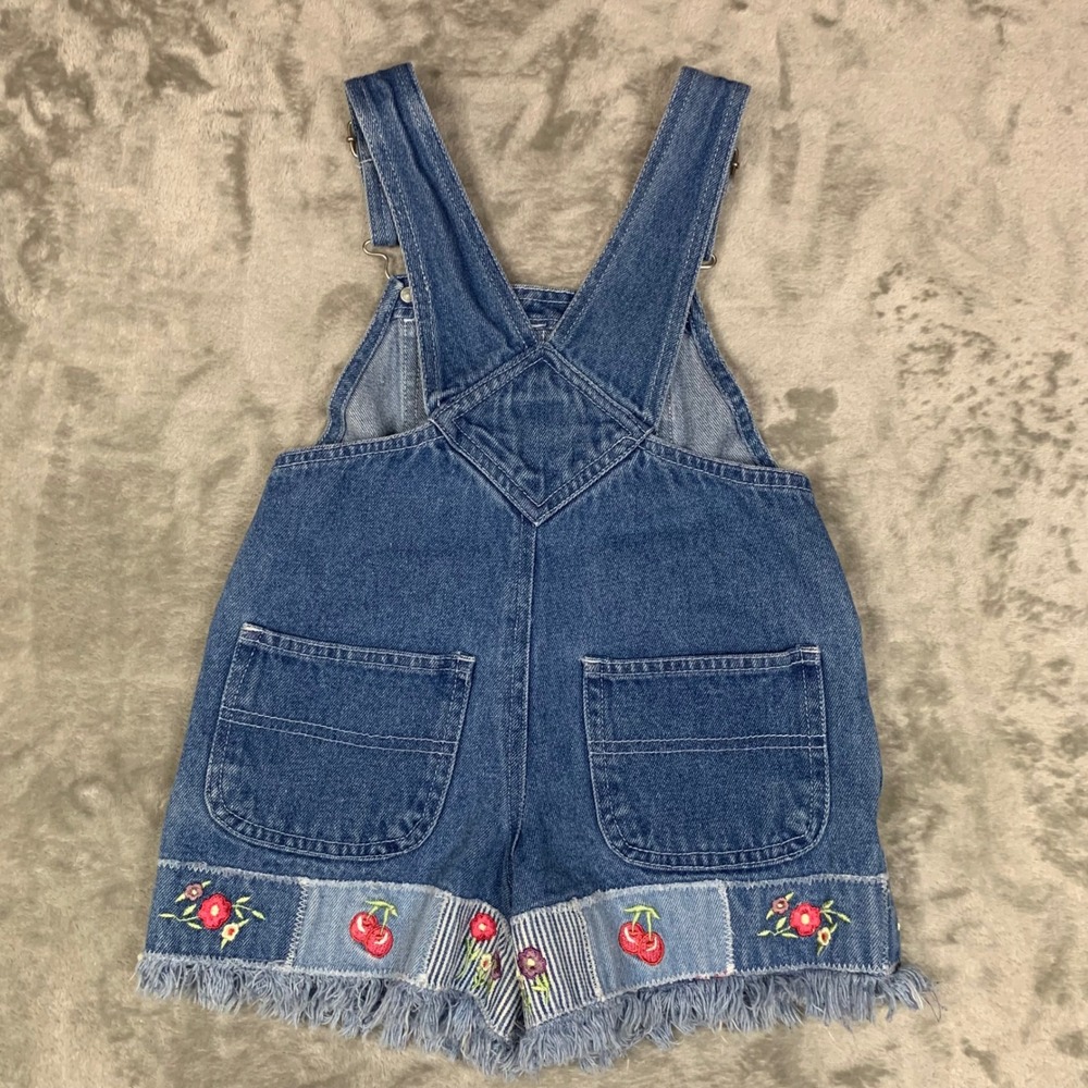 VTG Y2K Young Hearts Toddler 2T Denim Shortalls Floral Cherry Embroidered Garden - Picture 5 of 9